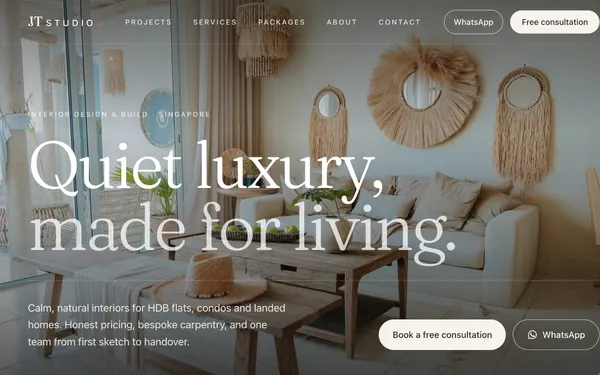 JT Studio demo website: interior design studio homepage with a full-bleed living room photo and the headline Quiet luxury, made for living